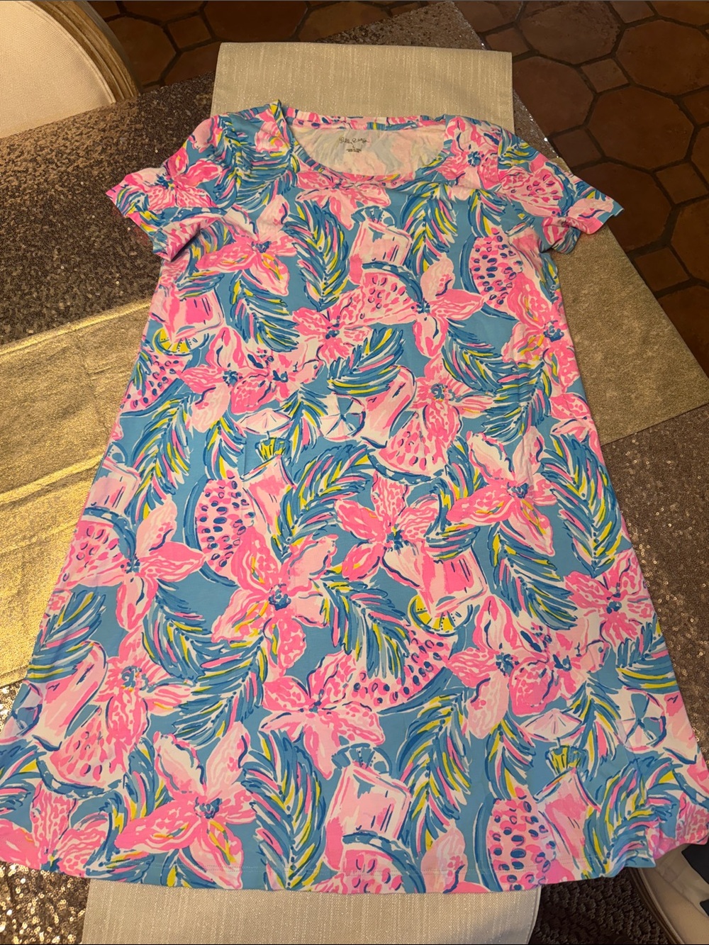 Lilly Pulitzer Blue Pink Tropical Floral Tee